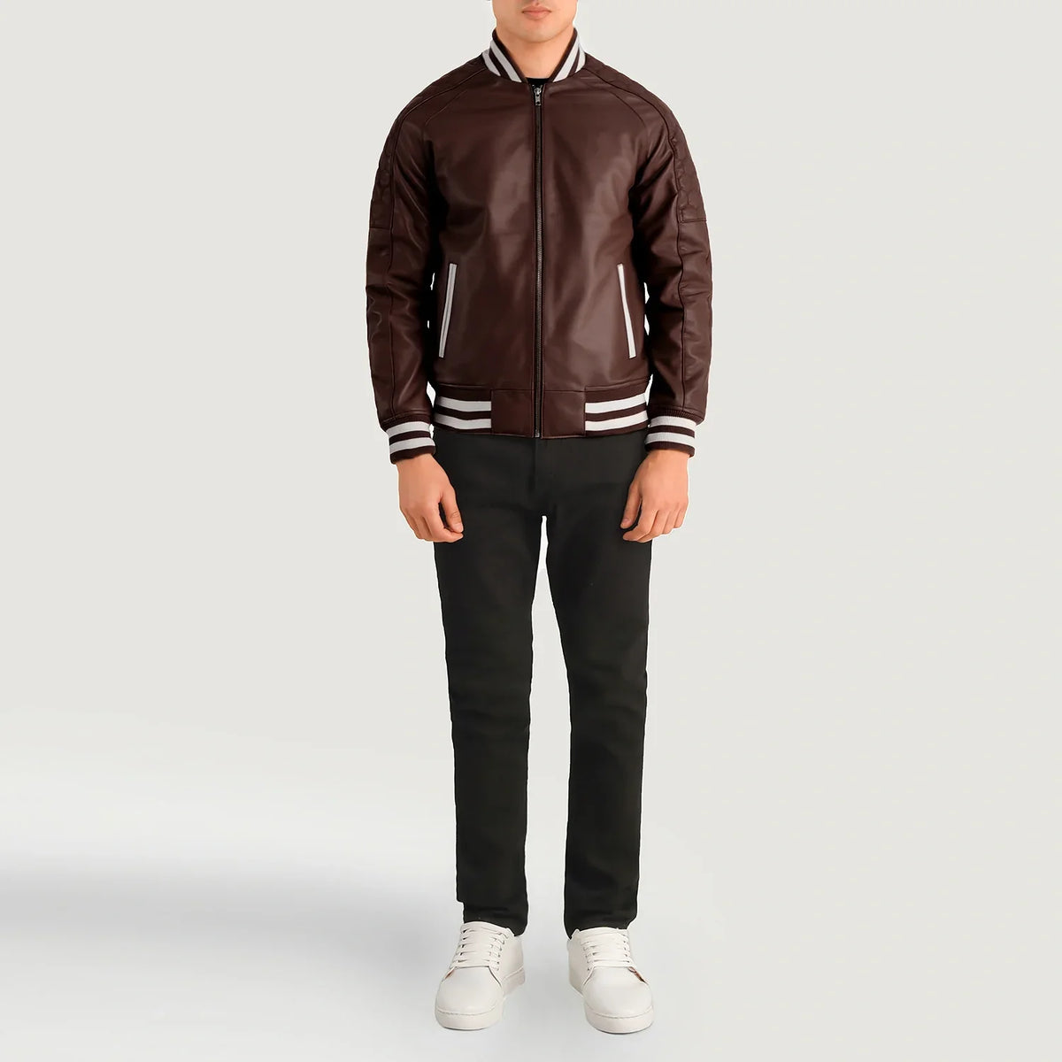 Pascal Bordeaux Leather Varsity Giacca in Pelle da Uomo - Lateral Side Profile View Showing Sleeve Cut &amp; Athletic Taper Fit