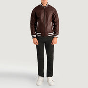 Pascal Bordeaux Leather Varsity Giacca in Pelle da Uomo - Lateral Side Profile View Showing Sleeve Cut &amp; Athletic Taper Fit