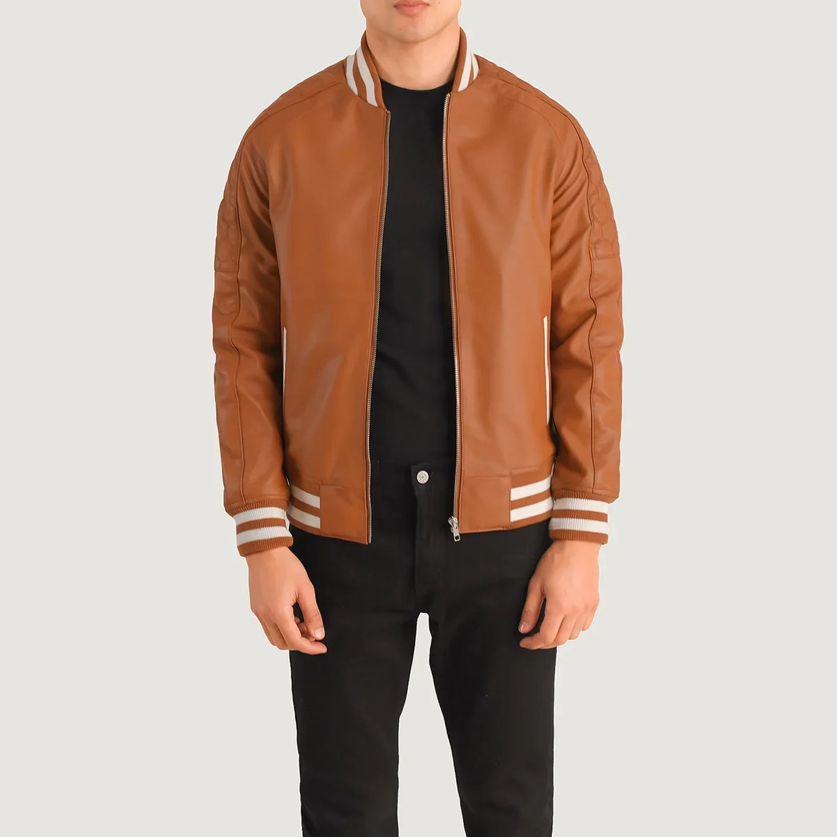 Pascal Cuoio Marrone Leather Varsity Giacca in Pelle da Uomo in Tan Brown Sheepskin Leather - Vista frontale e linea su misura | Acquista online