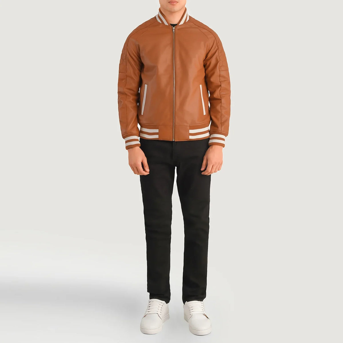 Pascal Cuoio Marrone Leather Varsity Giacca in Pelle da Uomo - Lateral Side Profile View Showing Sleeve Cut &amp; Athletic Taper Fit