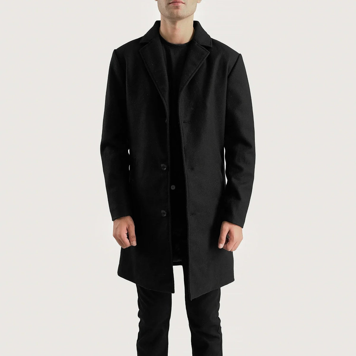 Petrillo Nero Wool Single Breasted Cappotto in Pelle da Uomo in Black Synthetic Wool - Vista frontale e linea su misura | Acquista online