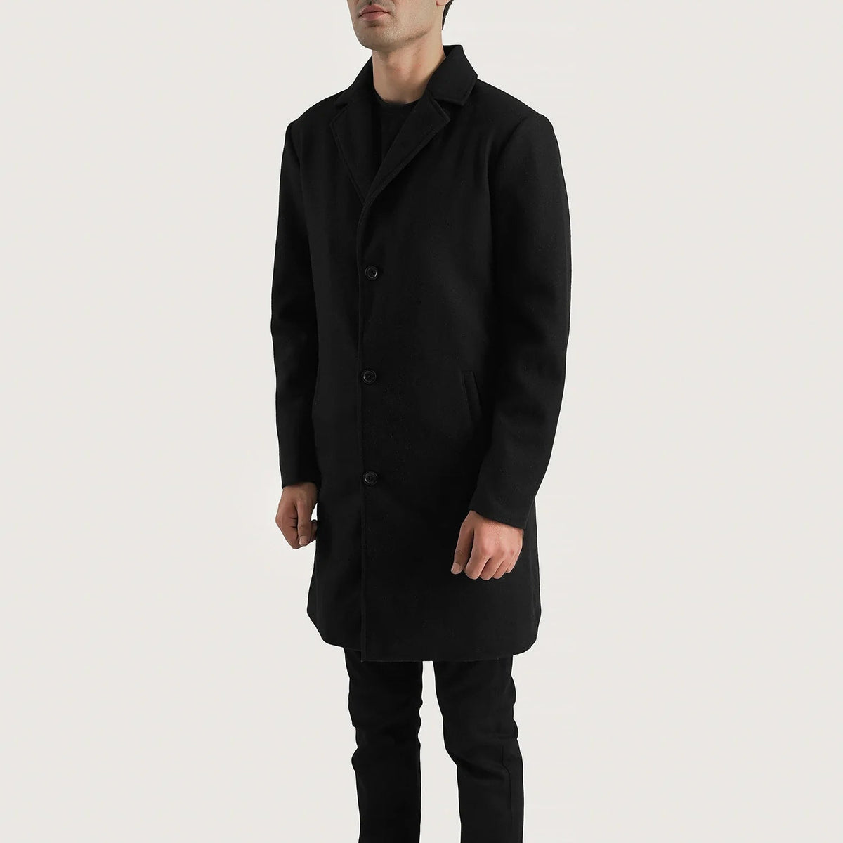 Black Synthetic Wool Trench Coat - Vista posteriore Showing Tailored Shoulder Fit &amp; Clean Hemline