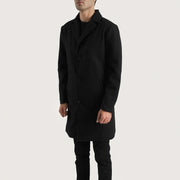 Black Synthetic Wool Trench Coat - Vista posteriore Showing Tailored Shoulder Fit &amp; Clean Hemline