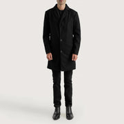 Petrillo Nero Wool Single Breasted Cappotto in Pelle da Uomo - Lateral Side Profile View Showing Sleeve Cut &amp; Athletic Taper Fit