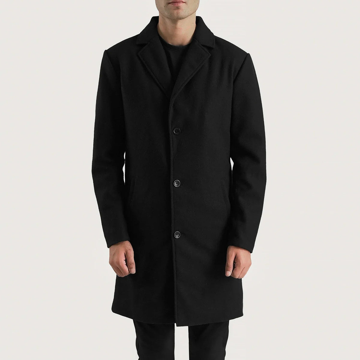 Dettaglio ravvicinato of Notch &amp; Button Hardware on Petrillo Nero Wool Single Breasted Cappotto in Pelle da Uomo