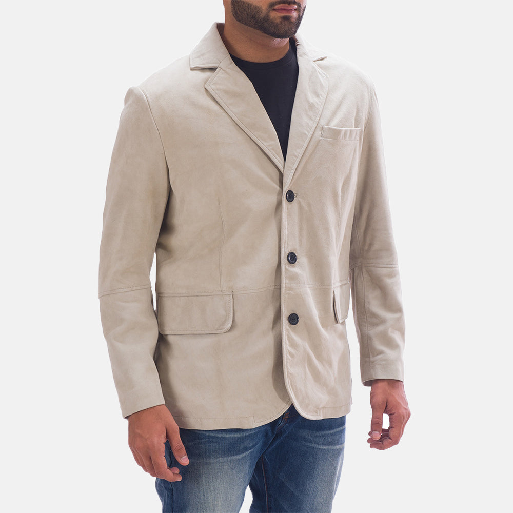 Off White (Greyish) Goatskin Suede Leather Blazer - Vista posteriore Showing Tailored Shoulder Fit &amp; Clean Hemline