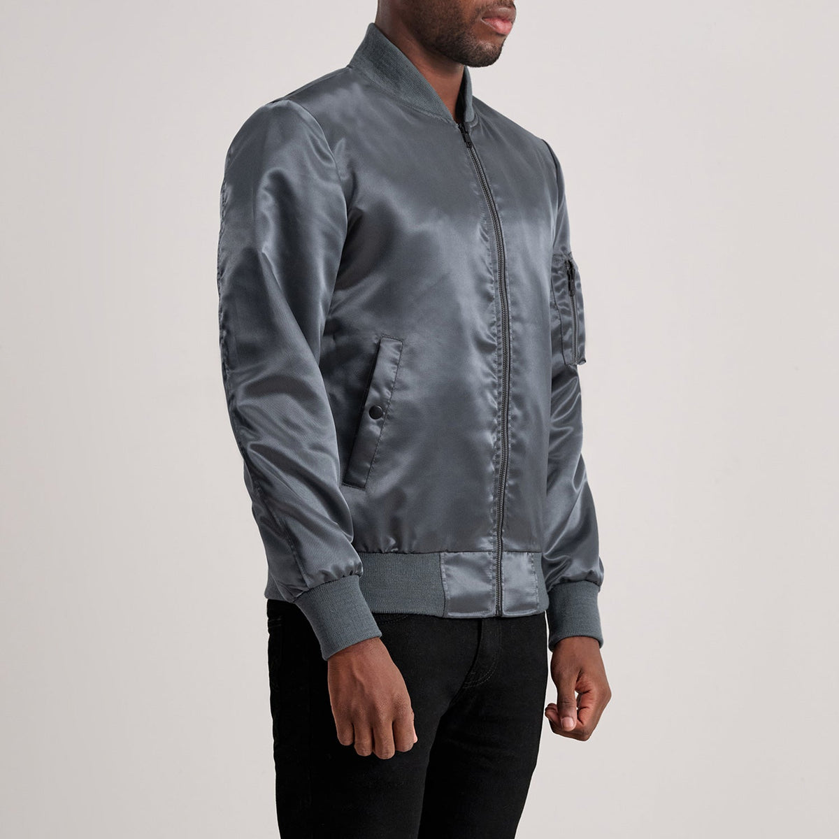 Grey Satin Bomber Jacket - Vista posteriore Showing Tailored Shoulder Fit &amp; Clean Hemline