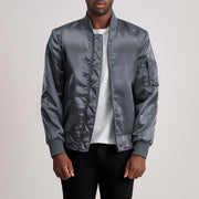 Quinton MA-1 Grigio Bomber in Pelle da Uomo - Lateral Side Profile View Showing Sleeve Cut &amp; Athletic Taper Fit
