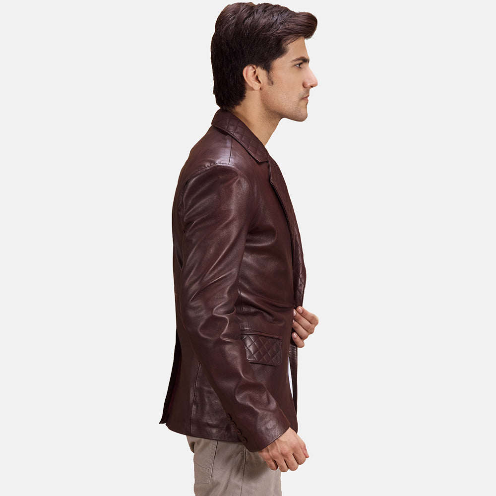 Maroon Sheepskin leather Blazer - Vista posteriore Showing Tailored Shoulder Fit &amp; Clean Hemline