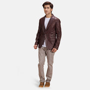 Radaron Trapuntato Bordeaux Blazer in Pelle in Pelle da Uomo - Lateral Side Profile View Showing Sleeve Cut &amp; Athletic Taper Fit