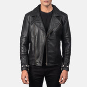 Men's Raiden Black Leather Biker Jacket in Black Cowhide Leather - Vista frontale e linea su misura | Acquista online