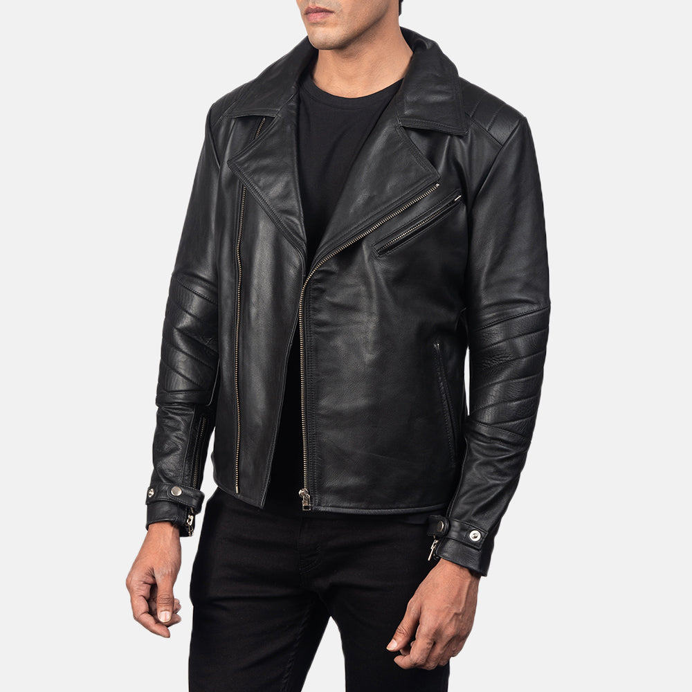 Black Cowhide Leather Biker Jacket - Vista posteriore Showing Tailored Shoulder Fit &amp; Clean Hemline