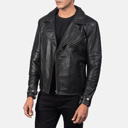 Black Cowhide Leather Biker Jacket - Vista posteriore Showing Tailored Shoulder Fit &amp; Clean Hemline