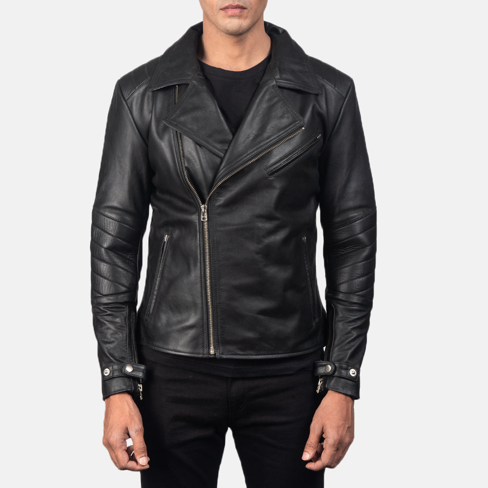 Dettaglio ravvicinato of Notch &amp; Zipper Hardware on Men's Raiden Black Leather Biker Jacket