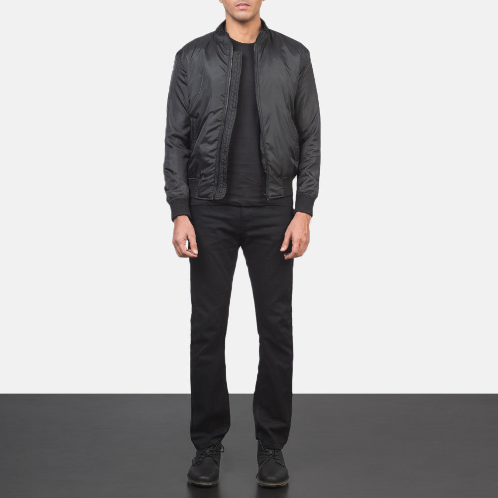 Men's Ramon Nero Bomber in Pelle da Uomo - Lateral Side Profile View Showing Sleeve Cut &amp; Athletic Taper Fit