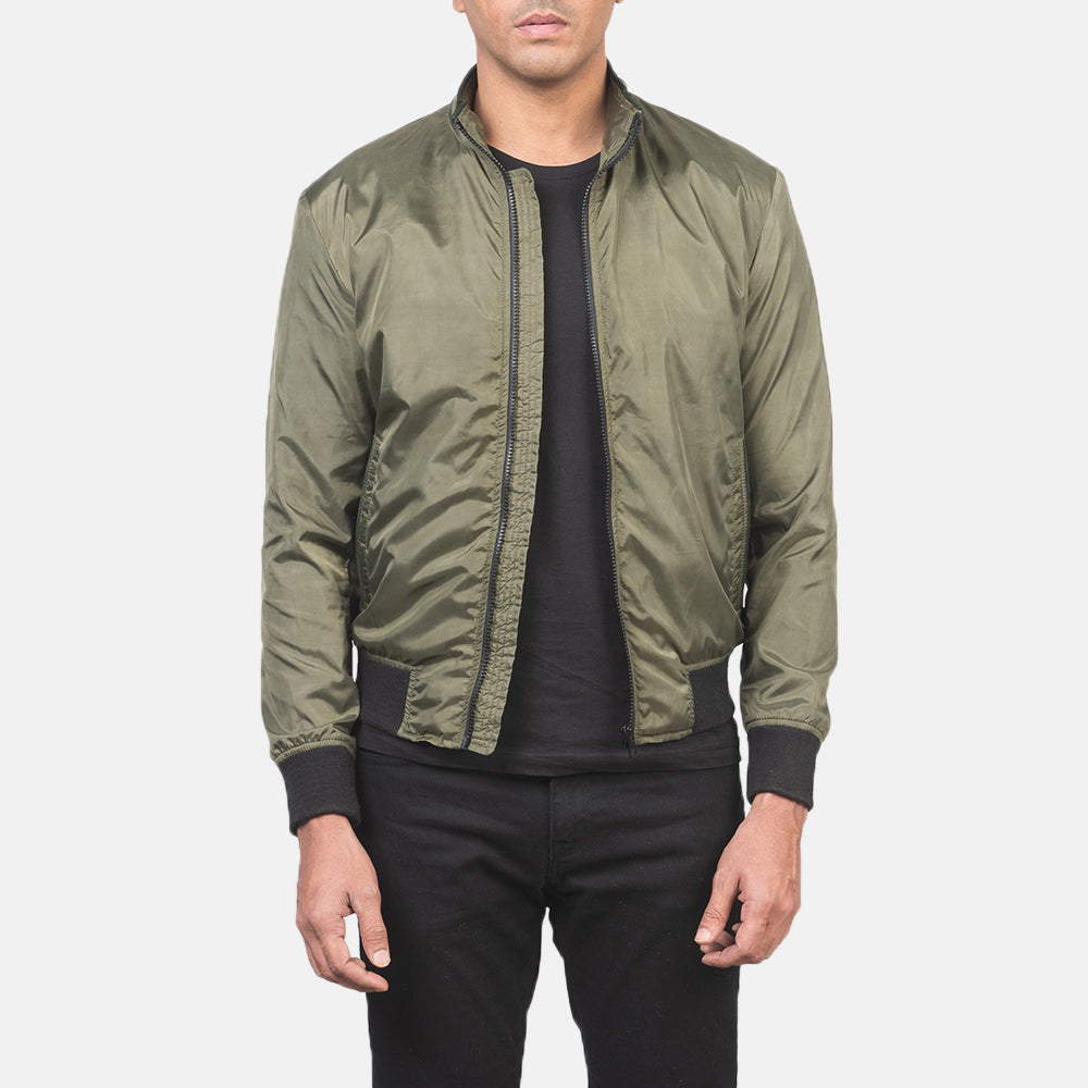 Men's Ramon Verde Bomber in Pelle da Uomo in Green Nylon - Vista frontale e linea su misura | Acquista online