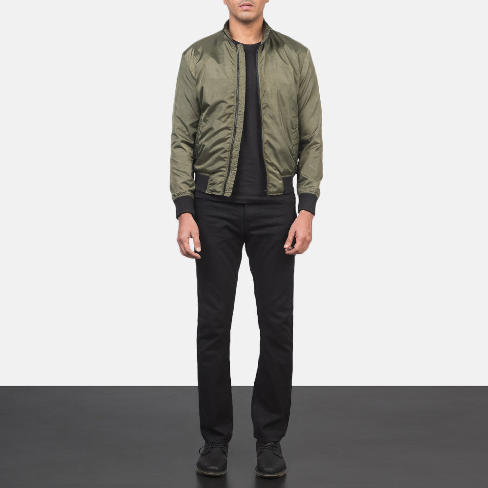 Men's Ramon Verde Bomber in Pelle da Uomo - Lateral Side Profile View Showing Sleeve Cut &amp; Athletic Taper Fit