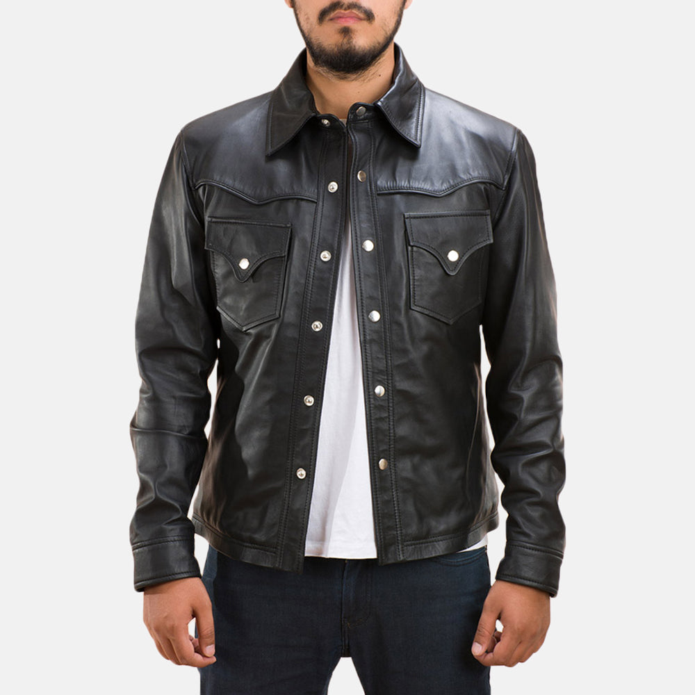 Men's Ranchson Nero Leather Shirt da Uomo in Black Sheepskin Leather - Vista frontale e linea su misura | Acquista online