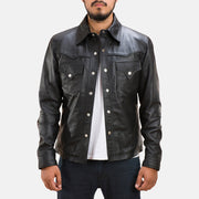 Men's Ranchson Nero Leather Shirt da Uomo in Black Sheepskin Leather - Vista frontale e linea su misura | Acquista online