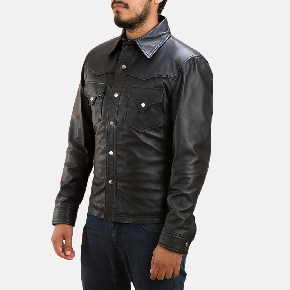Men's Ranchson Nero Leather Shirt da Uomo - Lateral Side Profile View Showing Sleeve Cut &amp; Athletic Taper Fit