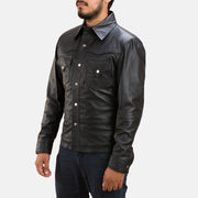 Men's Ranchson Nero Leather Shirt da Uomo - Lateral Side Profile View Showing Sleeve Cut &amp; Athletic Taper Fit