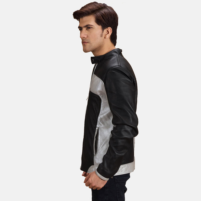 Randolf Silver Nero Giacca Biker in Pelle da Uomo
