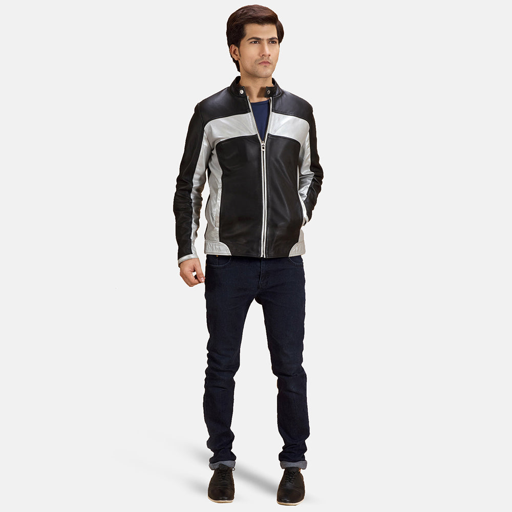 Dettaglio ravvicinato of Band with snap button &amp; Zipper Hardware on Randolf Silver Nero Giacca Biker in Pelle da Uomo