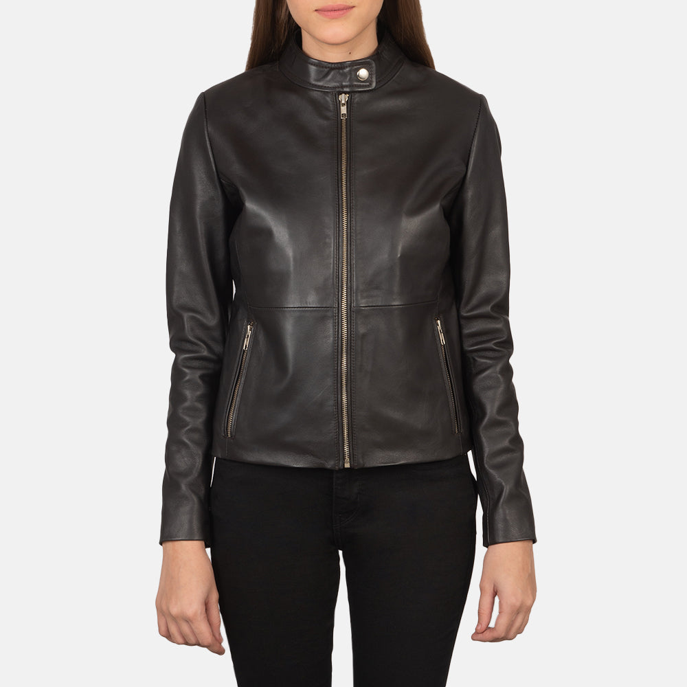 Women's Rave Brown Leather Biker Jacket in Brown Sheepskin Leather - Vista frontale e linea su misura | Acquista online