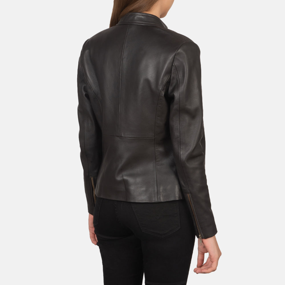 Dettaglio ravvicinato of Band with snap button &amp; Zipper Hardware on Women's Rave Brown Leather Biker Jacket