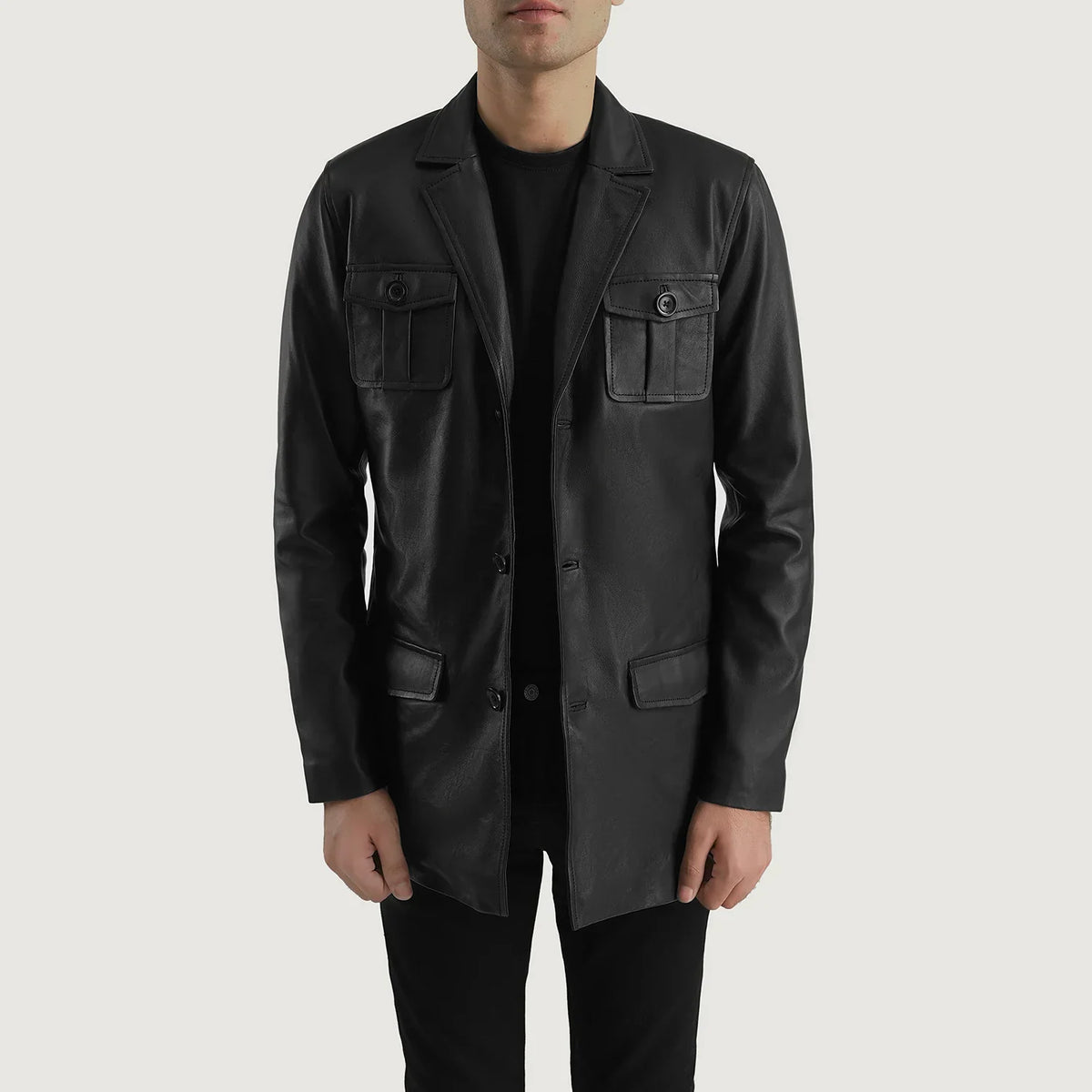 Ray Cutler Black Leather Blazer in Black Sheepskin Leather - Vista frontale e linea su misura | Acquista online