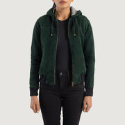 
Rebella Green Hooded Suede Bomber Jacket in Green Goatskin Suede - Vista frontale e silhouette sartoriale | Acquista online