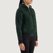 
Green Goatskin Suede Bomber Jacket - Vista posteriore con spalle definite e orlo pulito