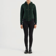 
Rebella Green Hooded Suede Bomber Jacket - Vista laterale che mostra il taglio ergonomico delle maniche