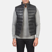 Men's Reeves Nero Leather Puffer Vest da Uomo in Black Sheepskin Leather - Vista frontale e linea su misura | Acquista online