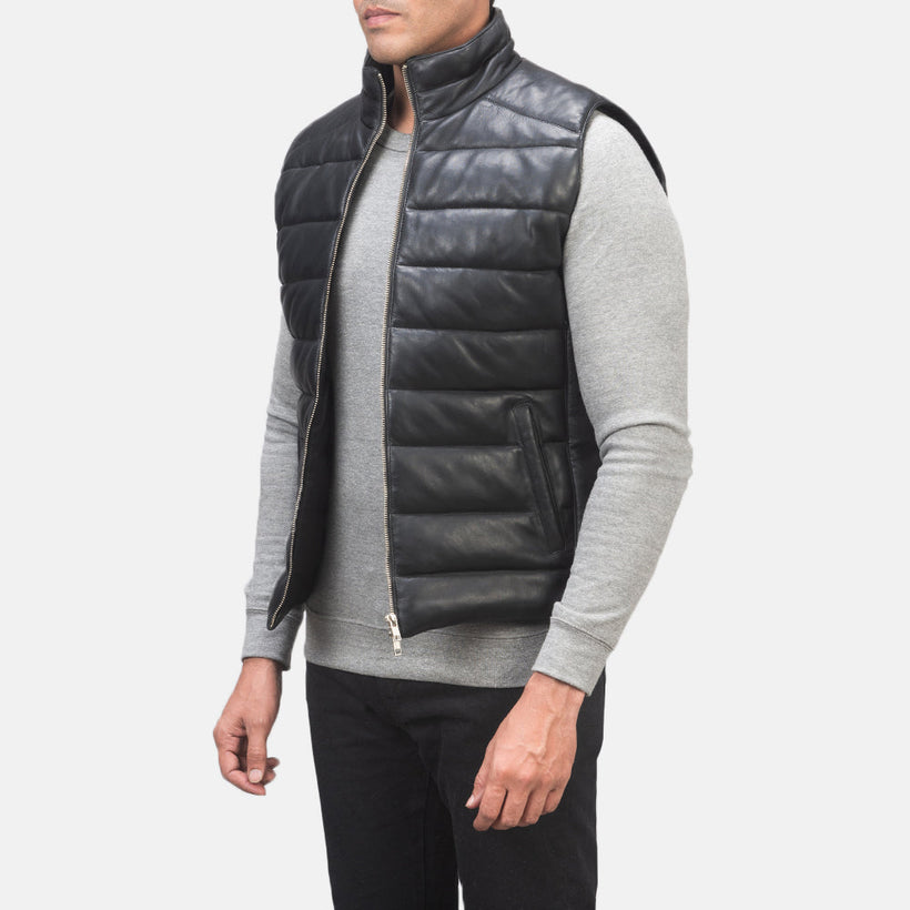 Reeves Nero Leather Gilet imbottito da Uomo