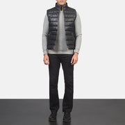 Men's Reeves Nero Leather Puffer Vest da Uomo - Lateral Side Profile View Showing Sleeve Cut &amp; Athletic Taper Fit