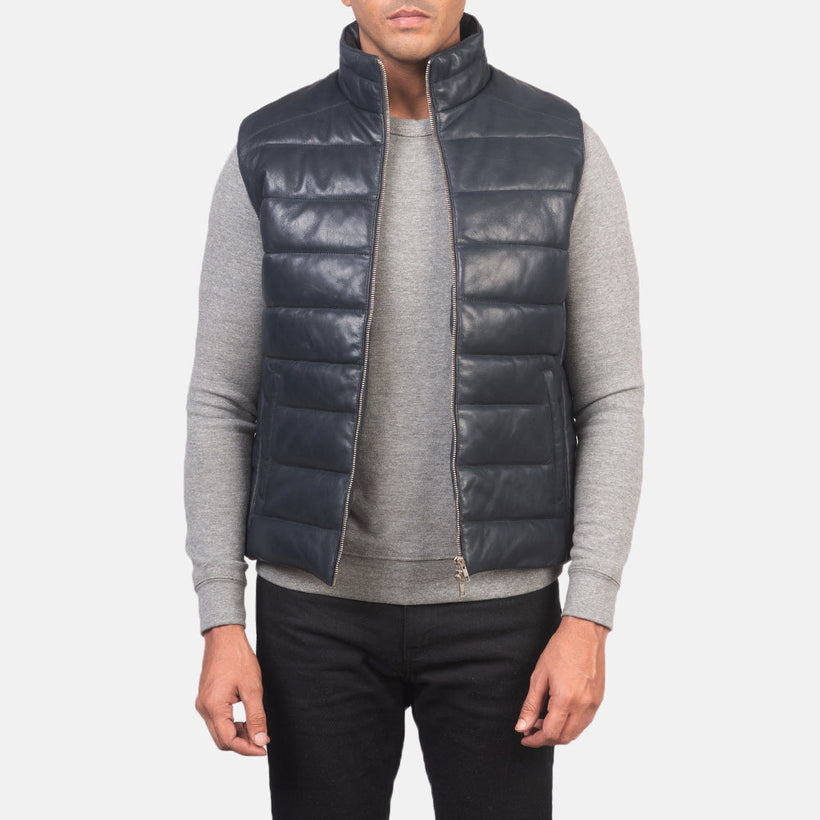 Reeves Blu Leather Gilet imbottito da Uomo