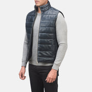 Blue Sheepskin leather Vest - Vista posteriore Showing Tailored Shoulder Fit &amp; Clean Hemline