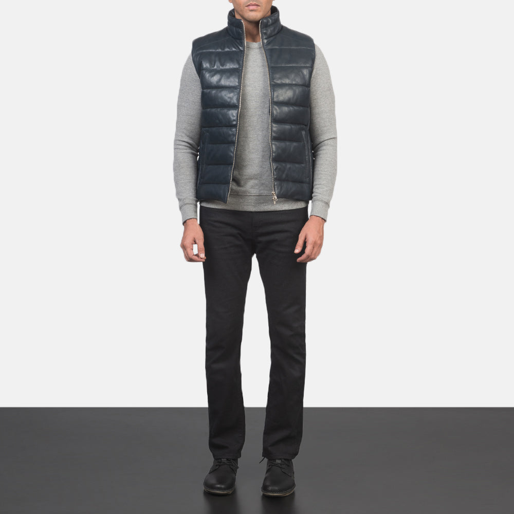 Men's Reeves Blu Leather Puffer Vest da Uomo - Lateral Side Profile View Showing Sleeve Cut &amp; Athletic Taper Fit