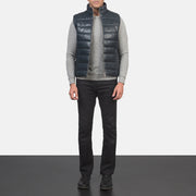 Men's Reeves Blu Leather Puffer Vest da Uomo - Lateral Side Profile View Showing Sleeve Cut &amp; Athletic Taper Fit