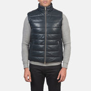 Dettaglio ravvicinato of Classic Collar &amp; Zipper with Dual Puller Hardware on Men's Reeves Blu Leather Puffer Vest da Uomo