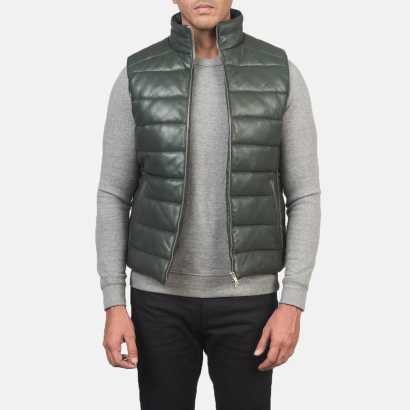 Reeves Verde Leather Gilet imbottito da Uomo