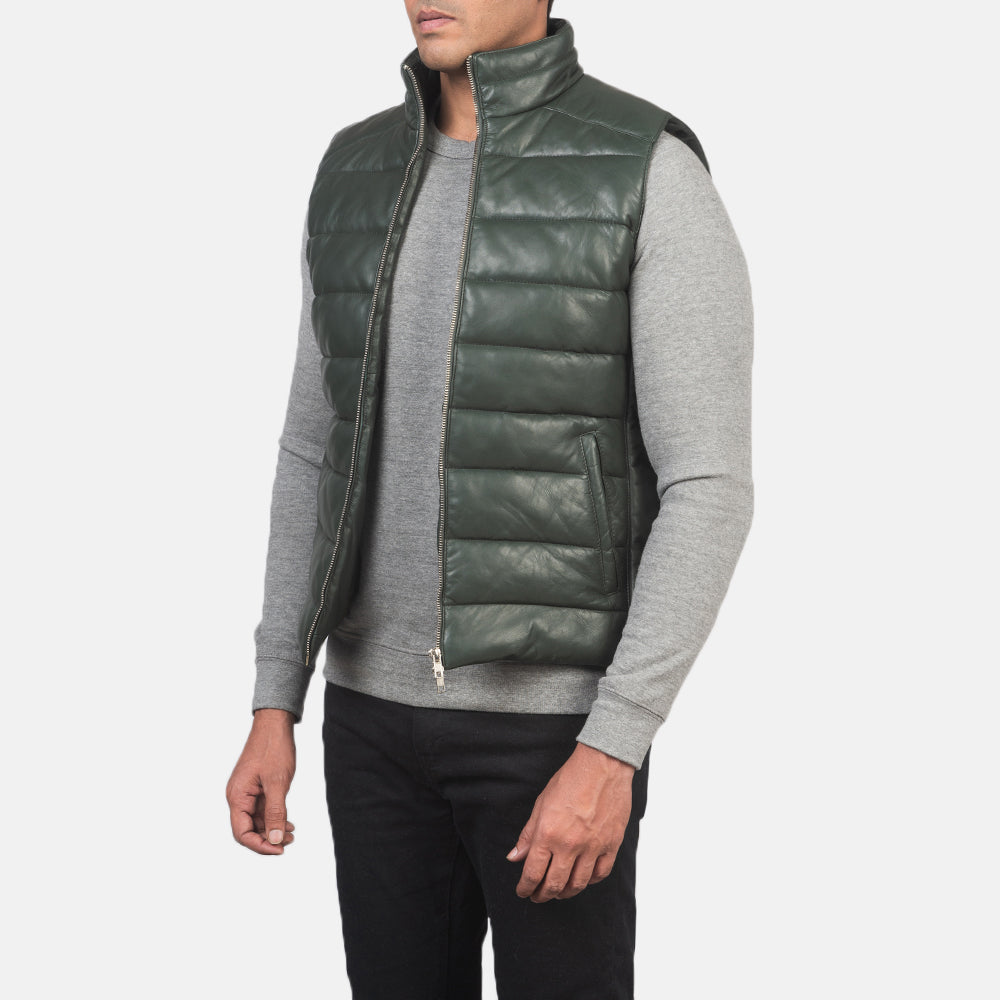 Green Sheepskin leather Vest - Vista posteriore Showing Tailored Shoulder Fit &amp; Clean Hemline