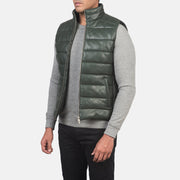 Green Sheepskin leather Vest - Vista posteriore Showing Tailored Shoulder Fit &amp; Clean Hemline