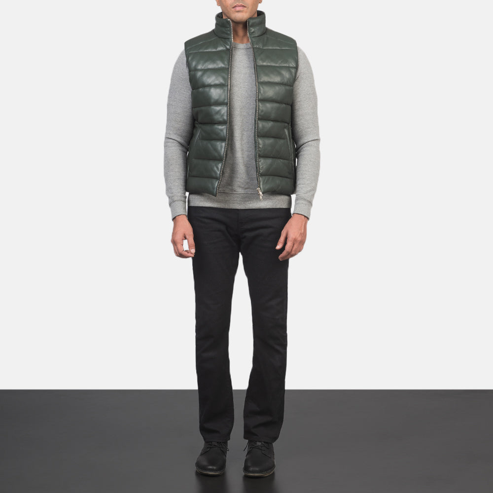 Men's Reeves Verde Leather Puffer Vest da Uomo - Lateral Side Profile View Showing Sleeve Cut &amp; Athletic Taper Fit