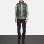 Men's Reeves Verde Leather Puffer Vest da Uomo - Lateral Side Profile View Showing Sleeve Cut &amp; Athletic Taper Fit
