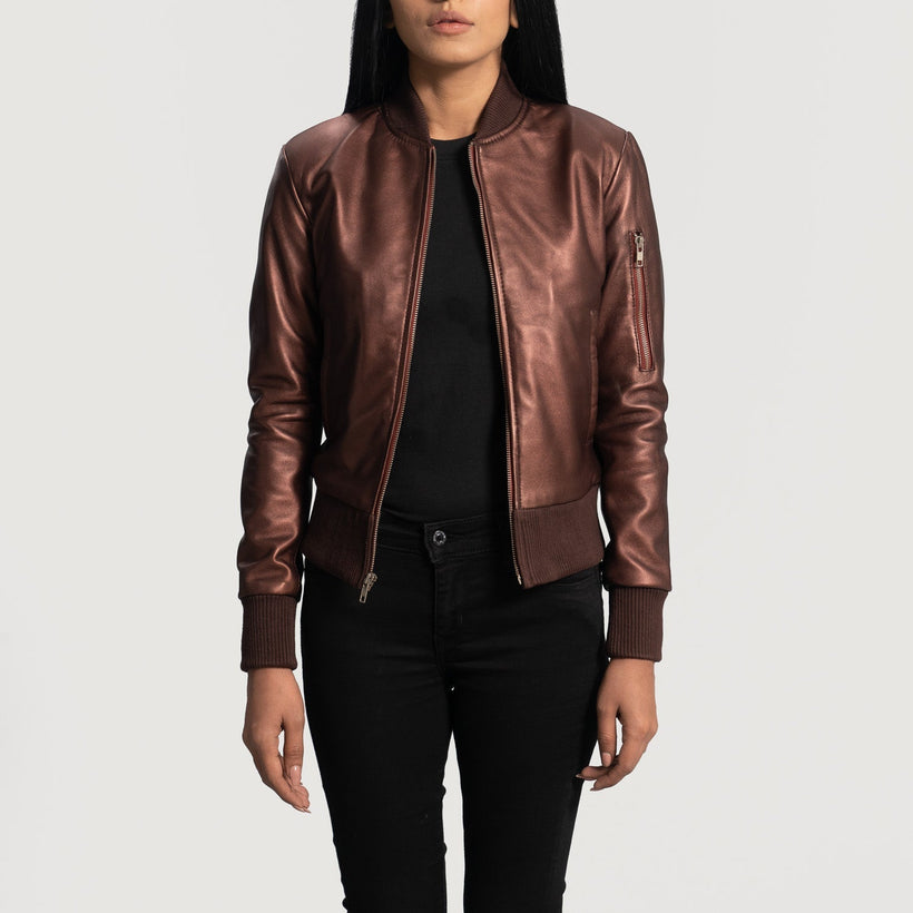 Reida Marrone Rossiccio Bomber in Pelle da Donna