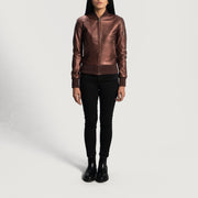 
Dettaglio ravvicinato of Varsity & Zipper Hardware on Reida Marrone Rossiccio Bomber in Pelle da Donna