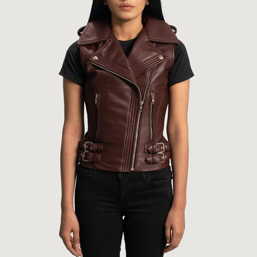 Rhonda Marrone Rossiccio Leather Biker Vest da Donna