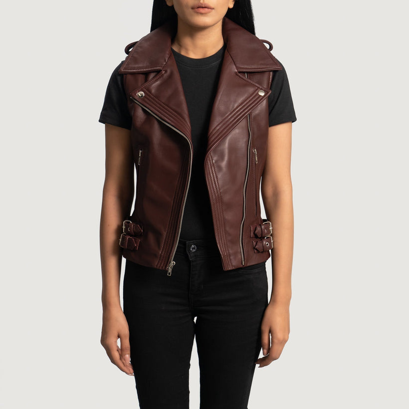 Rhonda Marrone Rossiccio Leather Biker Vest da Donna
